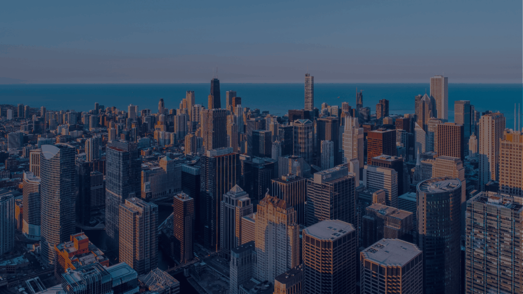Aerial view of downtown Chicago skyline with Lake Michigan in the background