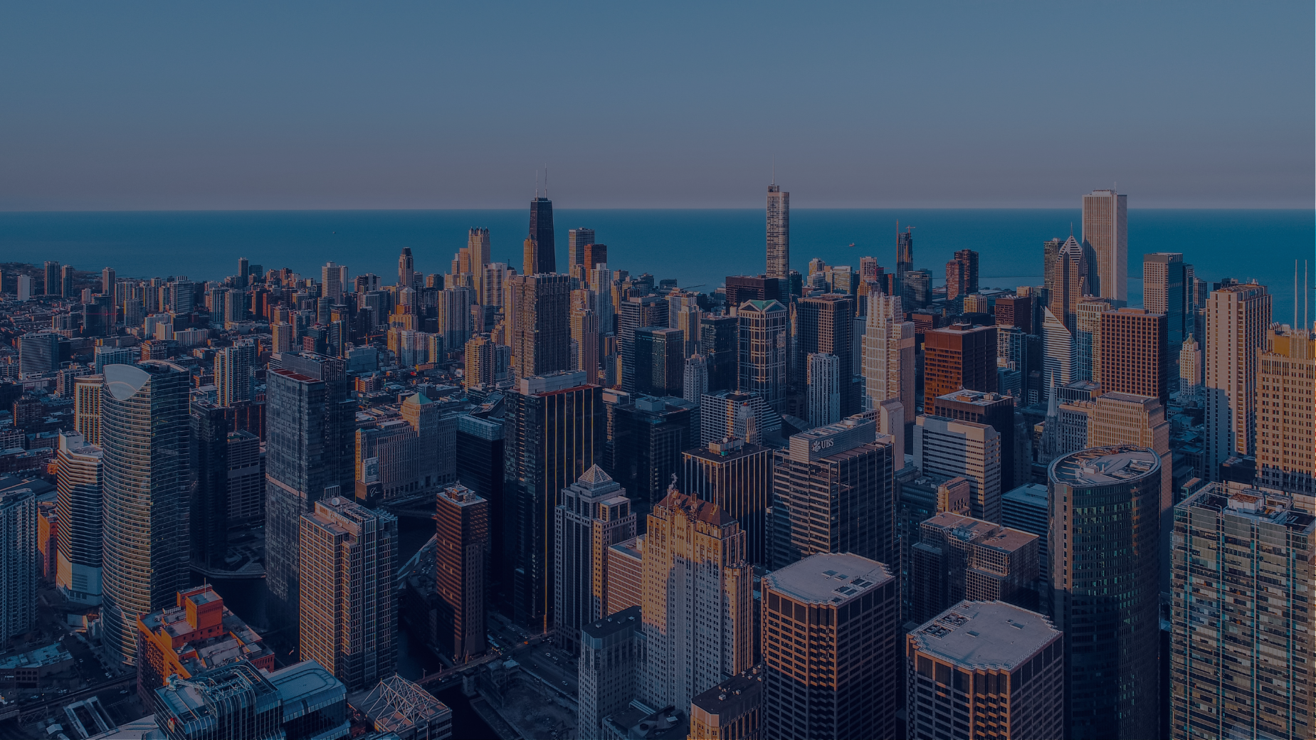 Aerial view of downtown Chicago skyline with Lake Michigan in the background