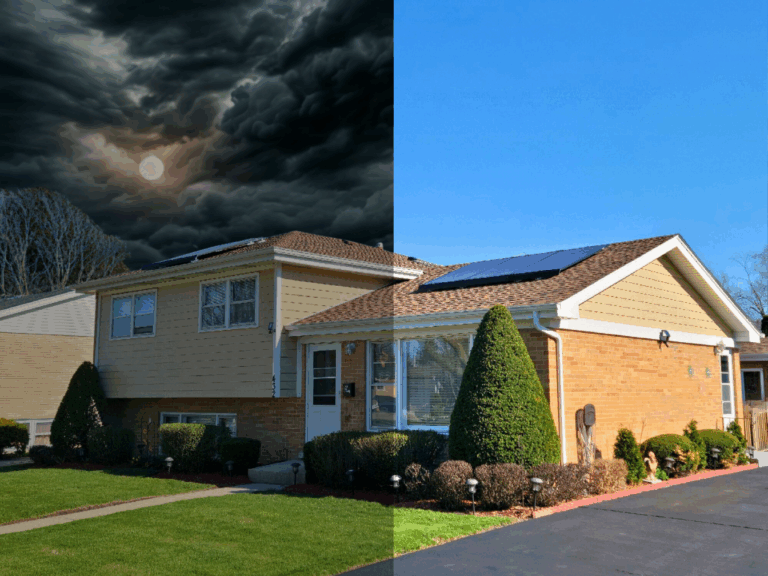 Split-scene image of a Midwest home with rooftop solar panels — one side under bright daylight, the other under a stormy night sky — illustrating continuous solar power through day and night.