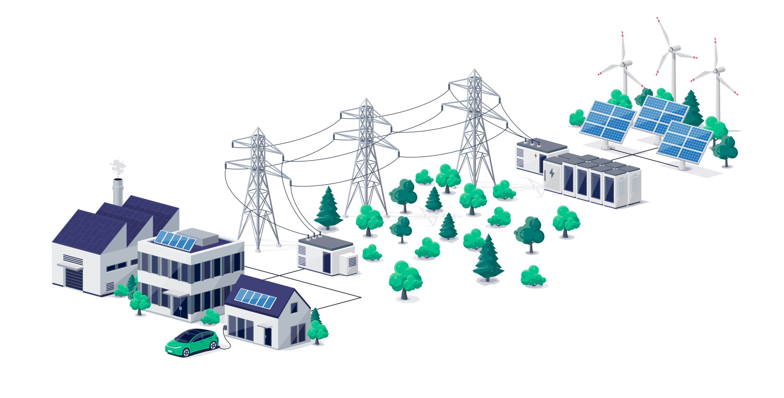 Illustration of a Virtual Power Plant showing homes, solar panels, wind turbines, battery storage, and transmission lines connected to the electric grid.